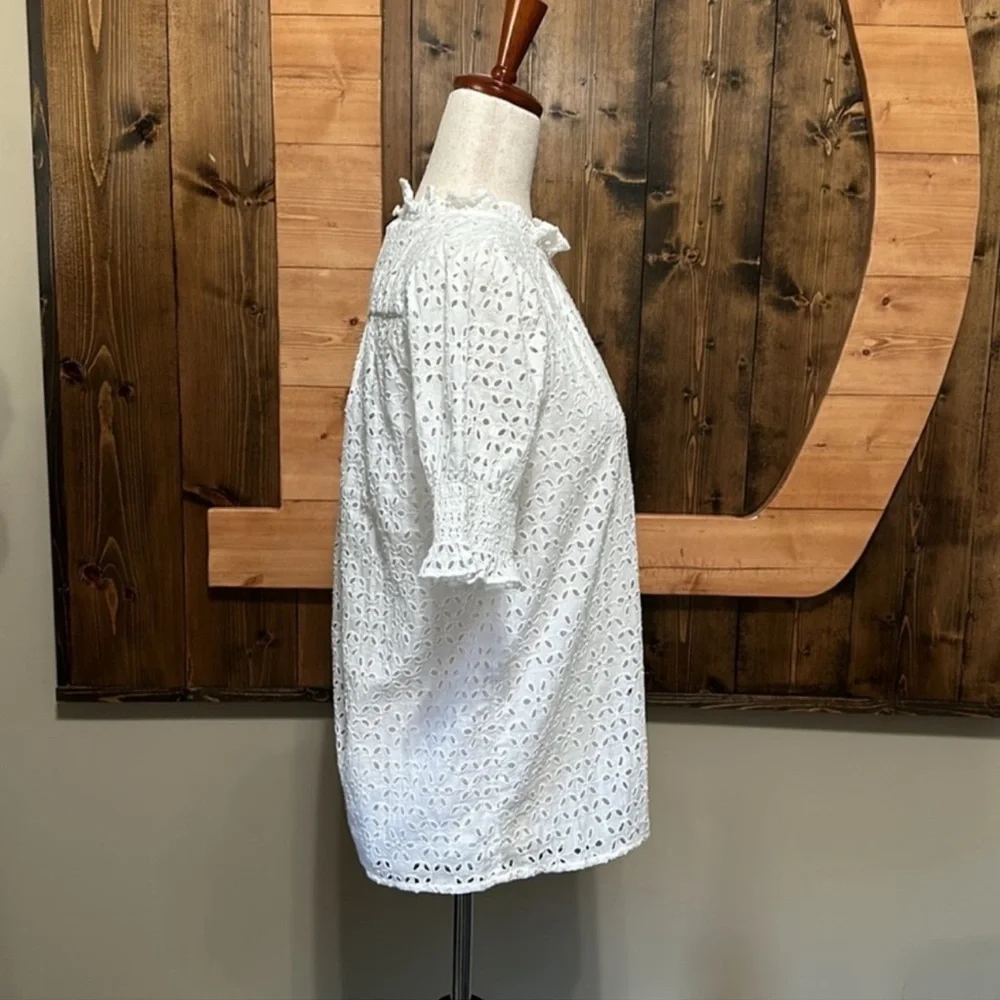 J.Crew Smocked Puff-Sleeve Top in White Eyelet